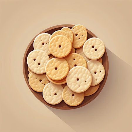 A wooden bowl filled with a variety of circular crackers, highlighting their unique textures and colors. This display of snacks invites sharing during gatherings or casual meals.の素材