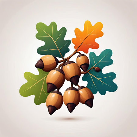 A detailed illustration showcases an oak branch adorned with shiny acorns and vibrant leaves in shades of green and orange. This artwork captures the essence of autumn, celebrating nature's seasonal transition and the rich textures of the foliage.の素材