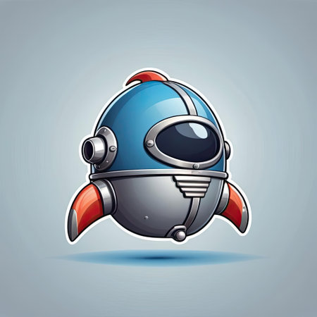 A vibrant rocket-shaped toy spaceship in blue and silver hues is soaring through a clear blue sky. The design features red thrusters and a streamlined look, emphasizing playful adventure.の素材