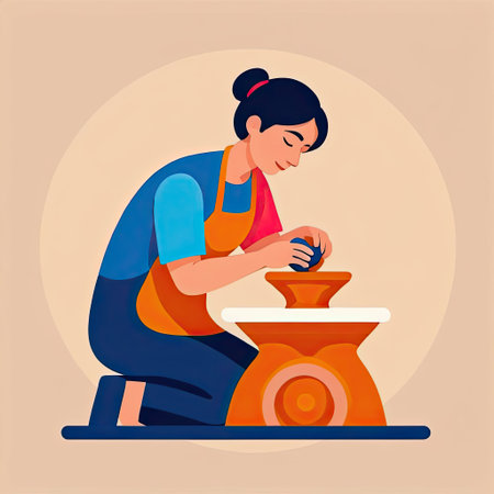 A skilled artisan forms clay while kneeling at a potter's wheel, showcasing meticulous craftsmanship. Bright attire reflects her passion for pottery. The serene atmosphere enhances her creative process, highlighting the beauty of handmade art.の素材
