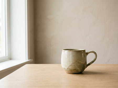 A simple ceramic mug sits on a light wooden table, illuminated by soft sunlight coming through a nearby window. The warm tones of the room create a cozy ambiance, perfect for relaxation.の素材