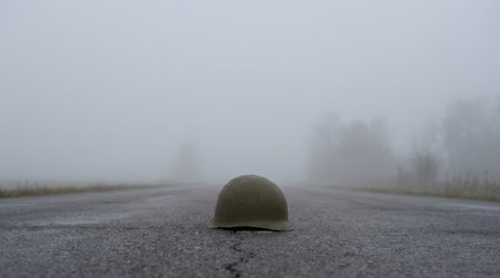 A green military helmet sits alone on an empty asphalt road surrounded by dense fog, creating a haunting and somber atmosphere at dawn.の素材