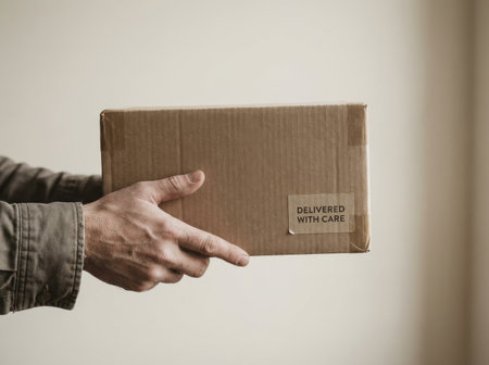 A person holds a brown cardboard package labeled delivered with care. The background is neutral, emphasizing the attention to careful delivery. This scene reflects the importance of handling parcels.の素材