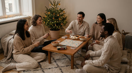 A group of friends sits together on the floor, sharing snacks and playing games. A beautifully decorated Christmas tree adds warmth as they enjoy their time indoors.の素材