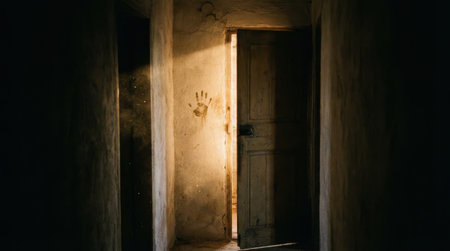 In an old, abandoned building, a soft light filters through an open door. A clear handprint is visible on the dusty wall, adding an eerie touch to the scene.の素材
