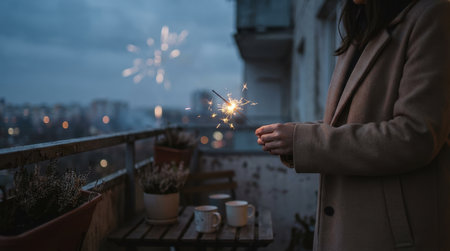 A person enjoys lighting a sparkler on the balcony as twilight falls in a city. Soft lights from nearby buildings create a festive atmosphere with warm beverages nearby.の素材