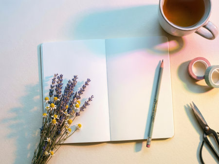 A peaceful workspace features an open notebook beside fresh flowers and a cup of tea, creating an inviting atmosphere for writing and relaxation. Colorful tape and scissors add to the charm.の素材