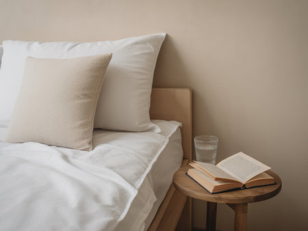 A peaceful bedroom features a neatly arranged bed with white bedding and a soft pillow. A small wooden side table holds an open book and a glass of water, inviting relaxation.の素材