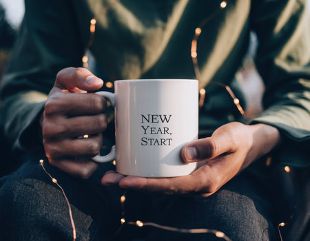 A person sits outdoors holding a white coffee mug with an inspiring message about the New Year. Soft string lights illuminate the scene, creating a cozy atmosphere.の素材