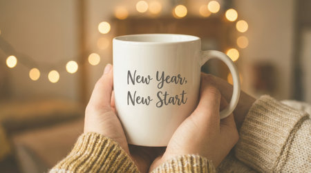 Holding a white mug that says New Year, New Start, a person enjoys a quiet moment indoors, surrounded by warm lights and inviting decor.の素材