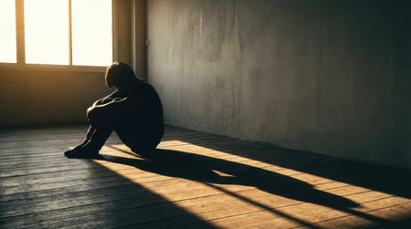 A person sits alone on the wooden floor of an empty room, embracing their knees as warm sunlight fills the space. The atmosphere feels heavy with solitude and reflection.の素材