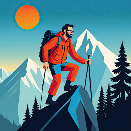 A dedicated hiker in bright gear climbs a rocky summit, taking in the breathtaking view of a mountain range during sunset. Tall evergreen trees frame the picturesque scene.の素材