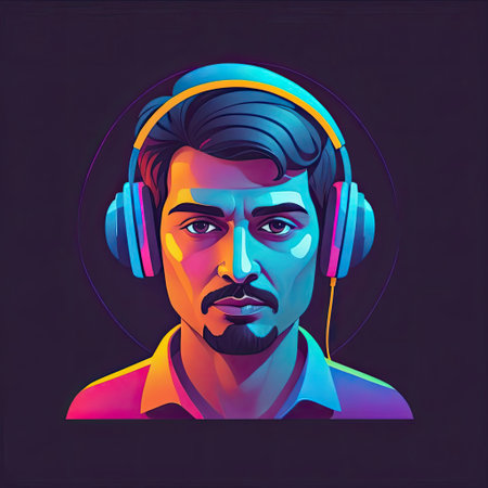 A young man with dark hair is wearing large headphones. His facial expression is focused, and the use of bold colors creates a dynamic visual effect against a dark backdrop.の素材