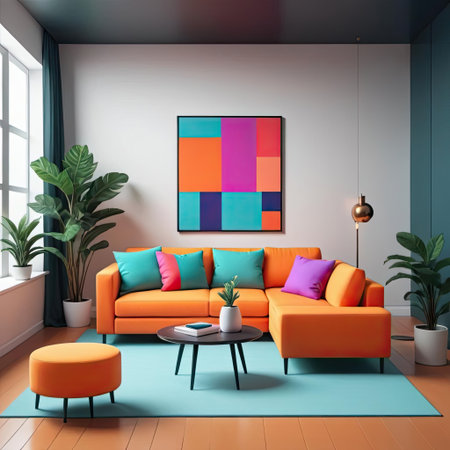 This modern living room showcases a vibrant orange couch adorned with various colored cushions, set against a backdrop of lush green plants.の素材