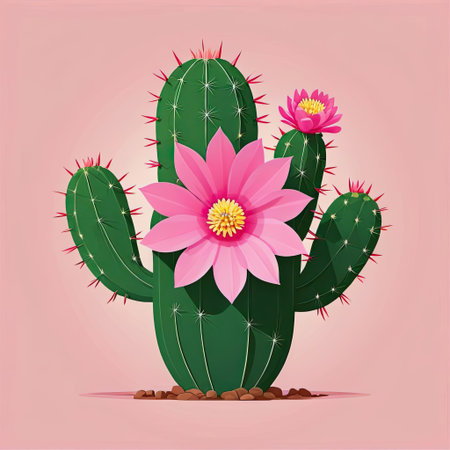 A striking cactus stands tall with vibrant pink flowers blooming atop its arms. Set against a soft pink background, this depiction highlights nature's beauty.の素材
