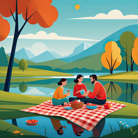 A couple and a friend sit on a checkered blanket by a calm lake, sharing food and drinks while surrounded by vibrant fall foliage and majestic mountains under a clear sky.の素材