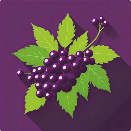 Clusters of purple grapes are nestled among bright green leaves, highlighting a rich contrast in colors. This graphic emphasizes nature's elegance and freshness in a simple yet striking way.の素材
