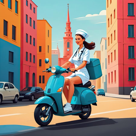 A nurse in scrubs rides a blue scooter down a lively city street lined with colorful buildings. The backdrop features a charming clock tower against a clear sky.の素材