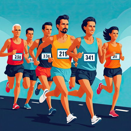 Groups of runners challenge themselves in a colorful marathon. With numbers pinned to their shirts, they race with enthusiasm on a clear day surrounded by hills.の素材