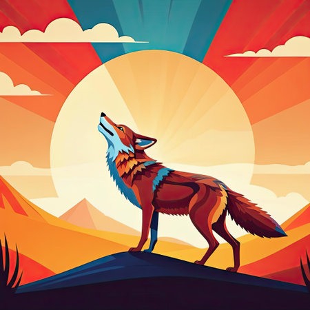 A vibrant illustration features a fox standing on a hill, howling toward a large, glowing sun. The artwork showcases a stylized landscape with mountains and a dramatic sky filled with clouds. Bold colors enhance the scene's dynamic feel.の素材