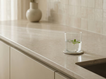 A glass filled with water sits on a light-colored surface in a kitchen. A mint leaf floats in the water. The room has natural light coming through a window.の素材