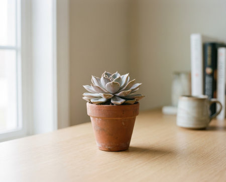 A succulent plant sits in a clay pot on a wooden table. Nearby, there is a cup and some books. The scene takes place indoors near a window with natural light.の素材