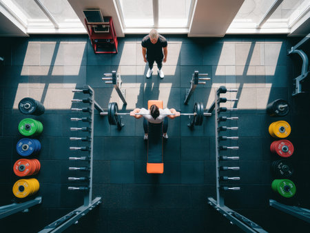 An athlete lifts weights on a bench while a trainer watches closely, providing guidance and support. The gym has bright lighting and various weights arranged on the floor.の素材