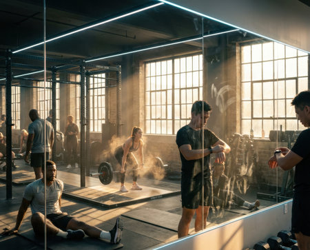 Group of individuals engaged in various workouts in a gym. The warm evening light fills the space, creating reflections in the mirror. Some people lift weights while others rest.の素材