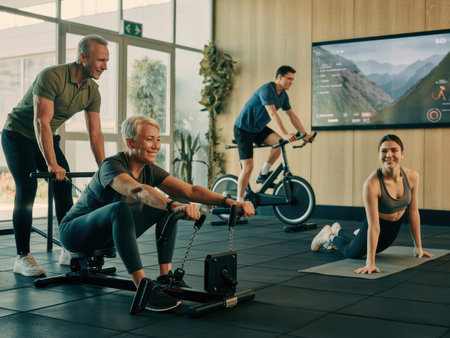 Four individuals are exercising in a gym. One person is rowing, another is cycling, and two are doing yoga. The gym has a modern design with screens showing workout stats.の素材