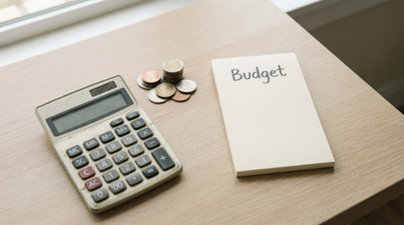A calculator sits next to a stack of coins on a wooden table. A blank notebook labeled Budget is visible, indicating financial planning at home during daytime.の素材