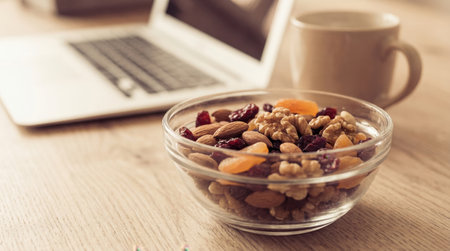 Bowl of mixed nuts and dried fruits sits on a wooden table near a laptop and a cup of coffee, showing a workspace with a focus on health and productivity.の素材