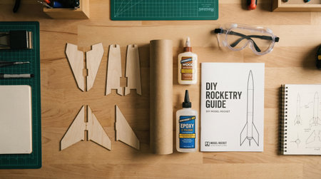 Materials and tools are arranged on a work table for constructing a model rocket. There are wooden parts, adhesives, and a guide on how to build the rocket.の素材