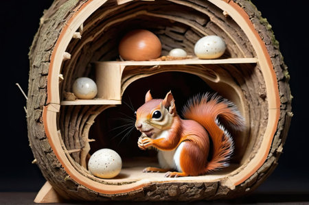 A vibrant squirrel nibbles on food inside a hollowed wooden log, surrounded by speckled eggs on various shelves. This peaceful scene captures the essence of wildlife in a natural environment, showcasing the beauty of nature's inhabitants.の素材