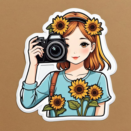 A young woman stands outdoors holding a camera. She wears a blue shirt adorned with sunflowers, embodying a cheerful spirit as she prepares to capture nature's beauty.の素材