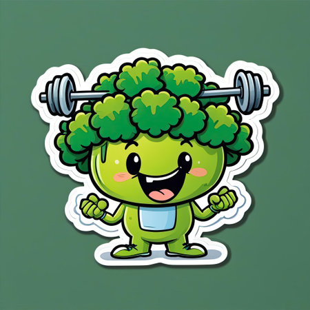 A vibrant broccoli character with a smiling face lifts weights overhead, showcasing a playful approach to fitness and healthy eating. This adorable figure encourages a nutritious lifestyle.の素材