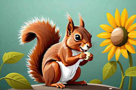 A cheerful squirrel sits on a rock, nibbling on a nut, surrounded by vibrant green leaves and a large sunflower in a peaceful garden during daylight.の素材
