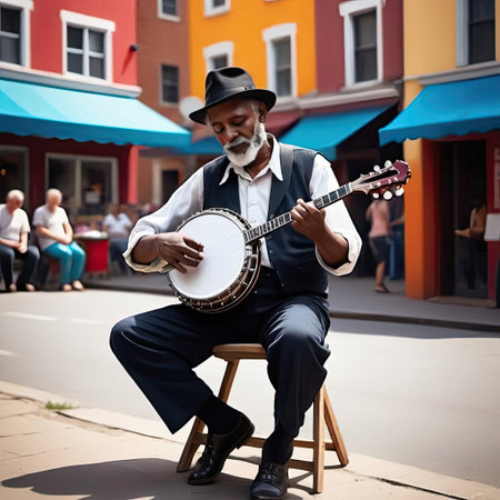 A talented musician plays a banjo while seated on a stool in a colorful street. Bystanders enjoy the lively atmosphere under a bright blue sky.の素材