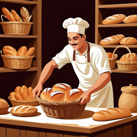 A skilled baker is carefully placing an assortment of freshly baked bread loaves into a woven basket. The cozy bakery is filled with delicious aromas, with shelves lined with various breads.の素材