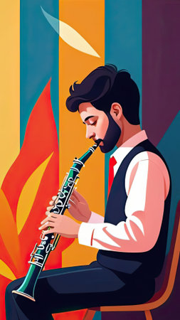 A skilled musician plays a clarinet while seated, immersed in his music. The backdrop features colorful abstract patterns, creating a lively atmosphere during sunset.の素材