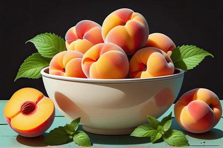 An assortment of ripe peaches fills a white bowl, their smooth skins showcasing soft pastel hues. Mint leaves provide a vibrant contrast, enhancing the fresh appeal.の素材