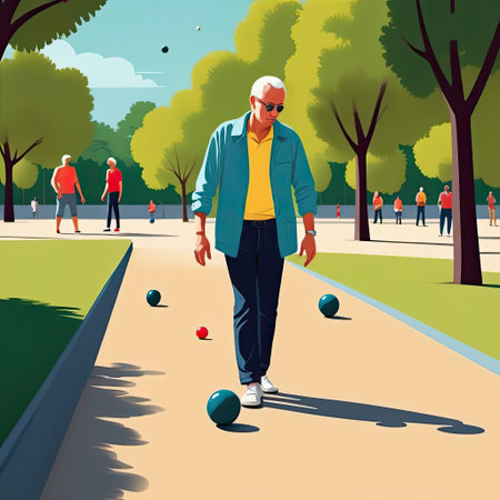 An elderly man in sunglasses walks along a sandy path in a vibrant park, concentrating on a petanque game. Colorful balls scatter around as other players engage in friendly competition under clear skies.の素材