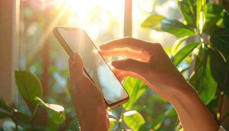 A person's hands are interacting with a modern smartphone screen, bathed in warm sunlight filtering through a window with lush green plants in the backgroundの素材