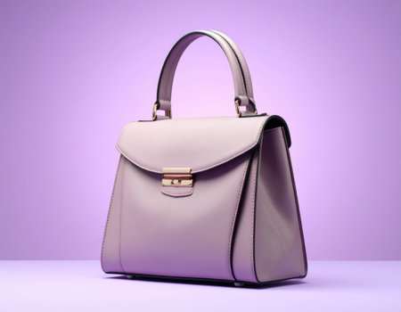 A sophisticated lavender leather handbag featuring a secure gold clasp and a comfortable top handle, presented against a soft gradient purple backdropの素材