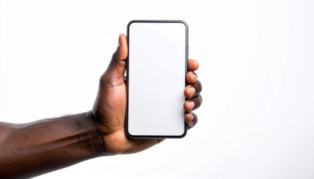 A close-up shot of a dark-skinned man's hand gripping a modern smartphone, showcasing its empty display against a clean white backdropの素材