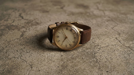 A classic analog timepiece featuring Roman numerals and a worn leather band rests on a rough, grey textured backgroundの素材