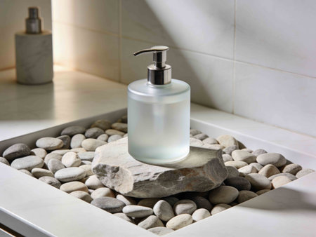 A frosted glass soap dispenser with a chrome pump sits atop a natural stone, nestled within a decorative tray filled with polished river rocksの素材