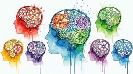 A collection of watercolor profiles of human heads, each containing a complex arrangement of gears symbolizing thought processes and cognitive functionの素材