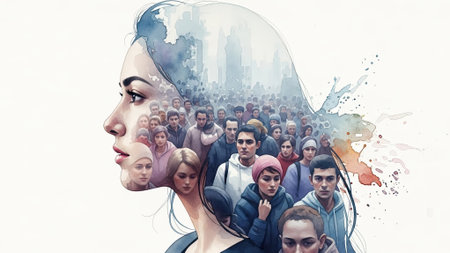 A creative watercolor artwork blending a woman's profile with a dense crowd, symbolizing collective consciousness or individual within a groupの素材