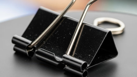 A detailed view of a black binder clip, highlighting its metallic components and textured surface, perfect for office or organizational themesの素材