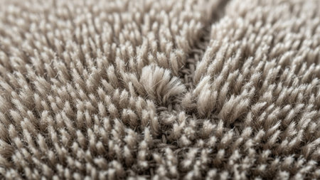 A detailed view of plush, textured carpet fibers, showcasing their softness and intricate structure in a neutral beige toneの素材